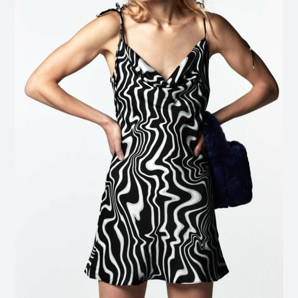 Zara Safia Satin Silky White Black Pattern Spaghetti Strap Mini Dress